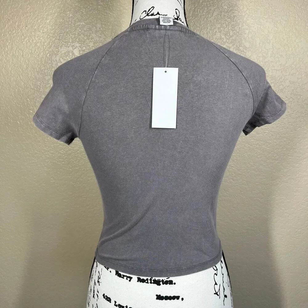 Just Polly Grey Crew neck Ruched-Front Baby Tee T-Shirt size M  Brooklyn casual
